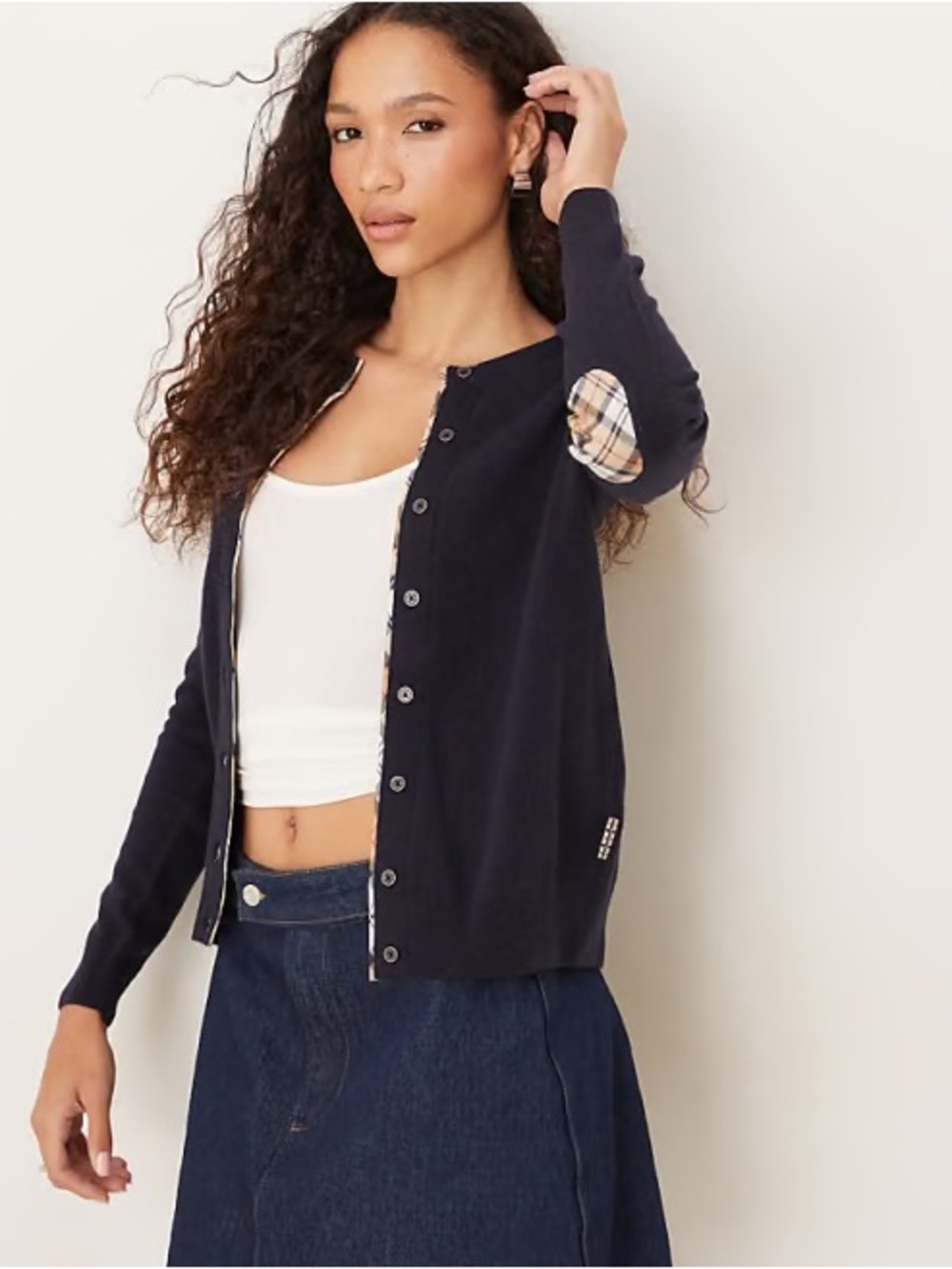 BARBOUR Elbow Patch Plaid Navy Cardigan Size US 4 NWOT